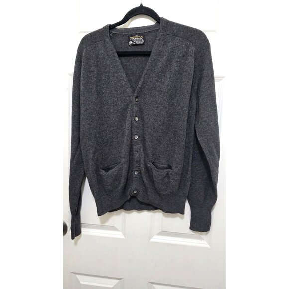 Puritan Aquaknits Men's Dark Gray Pure Wool Button-Up Cardigan Sweater Pockets - Picture 2 of 6